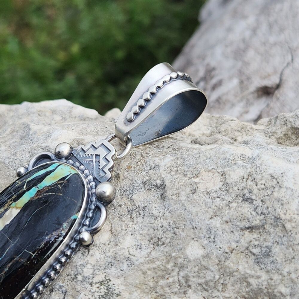 Blackjack Turquoise Navajo Mary Ellen signed handmade USA native pendant - Picture 5 of 9